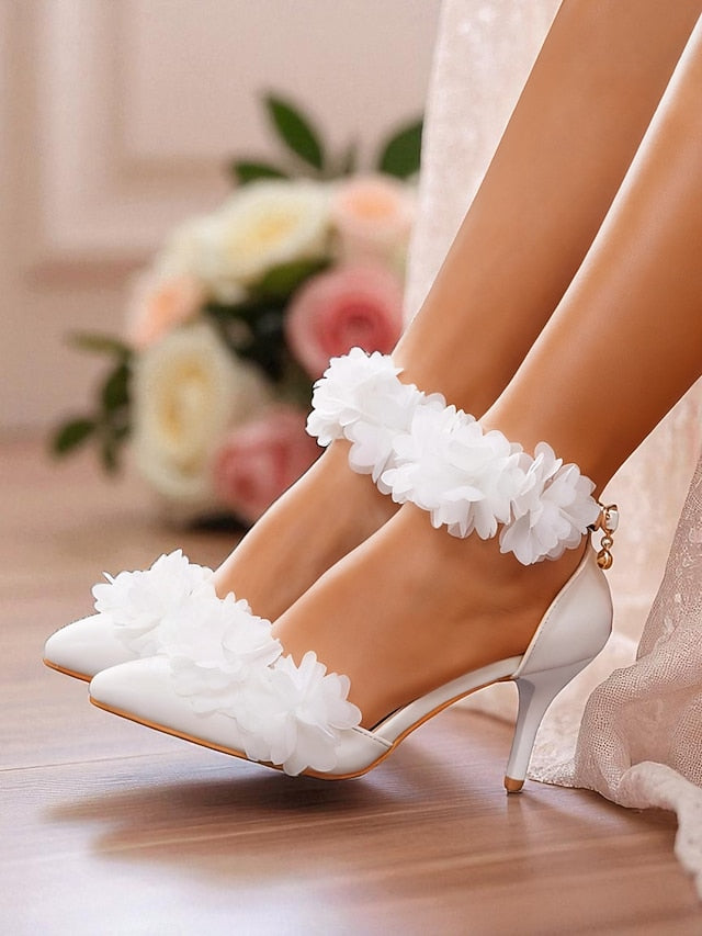 Pointed Floral Ankle Elegant - White Strap Women's Heels