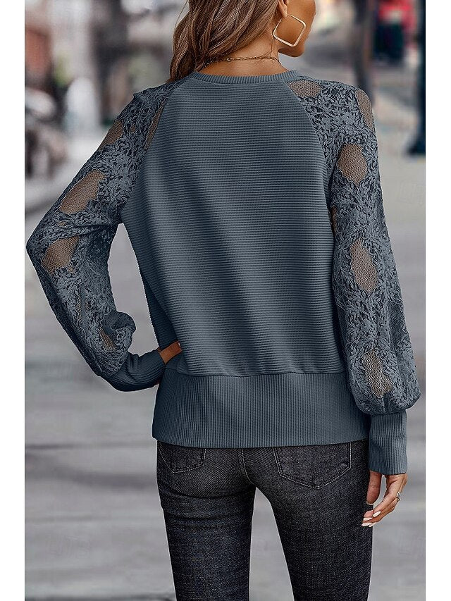 Women's Top Lace Knit Ribbed Embroidered Tops Splicing