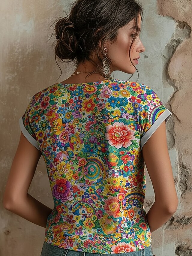 Women's T Shirt Print Floral Graphic Color Block Bohemia