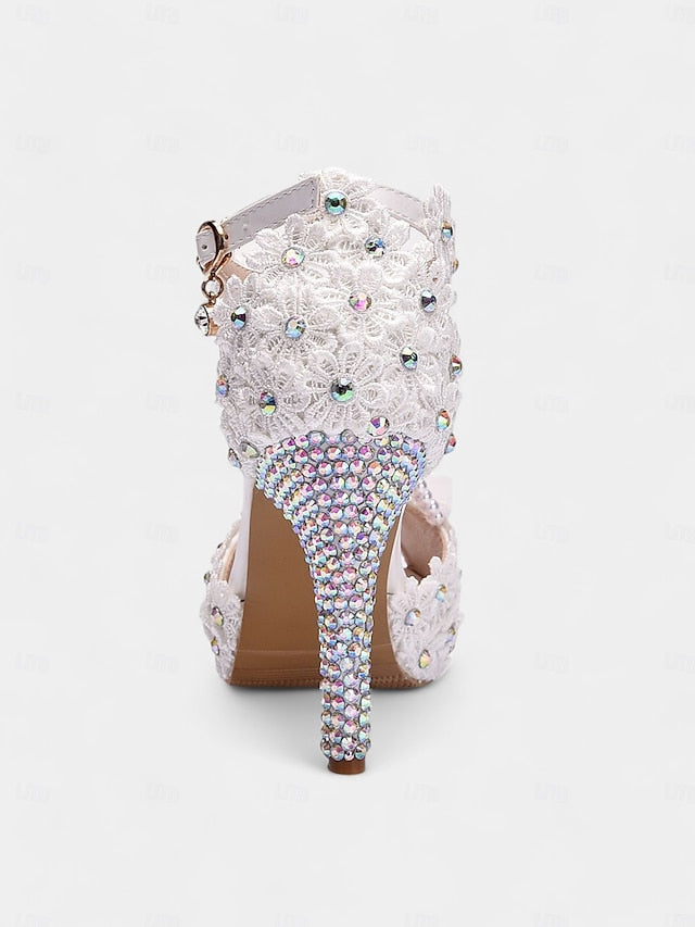 Bridal Lace Floral - Sandals Pearl-Decorated T-Strap White