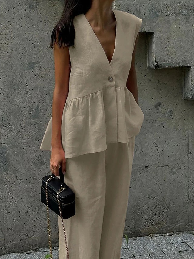 Women's Pants Sets Bolero Top Sleeveless V Neck Plain