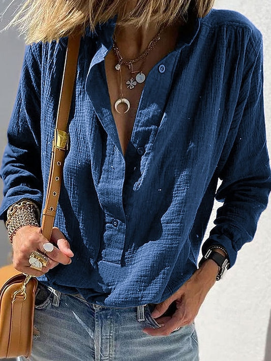 Women's Shirt Blouse Ruched Buttons Plain Casual Long