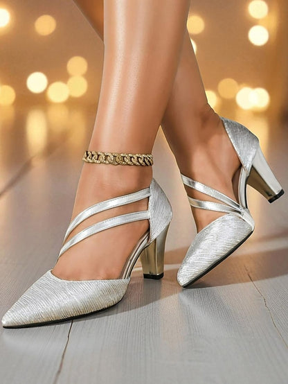 Toe Shiny - Strappy Women's Heels Silver Pointed Mid-Heel