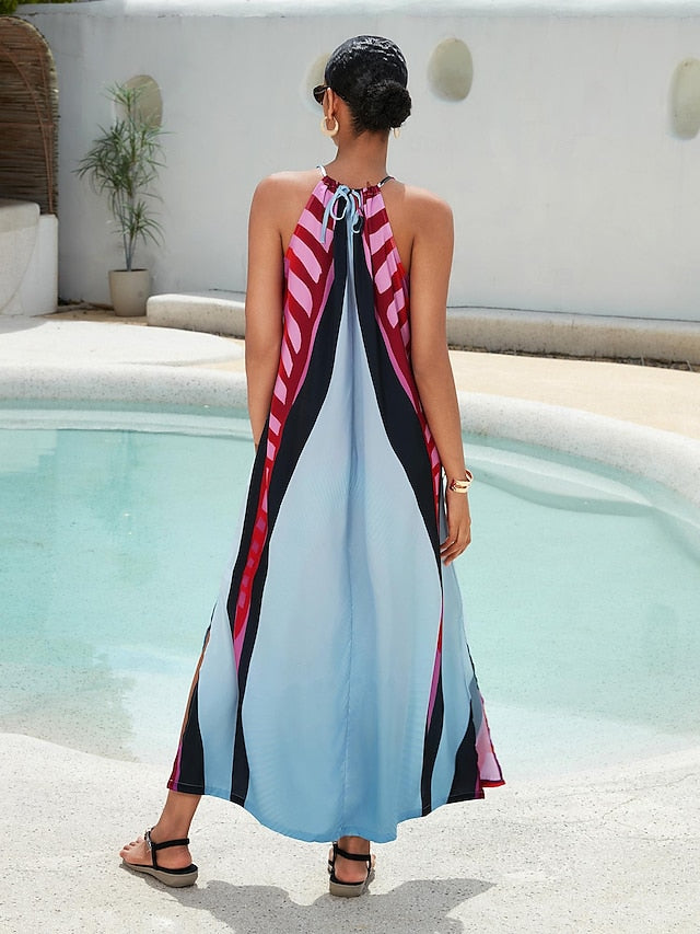 Women's Halter Neck Dress Satin Maxi Maxi Dress Rainbow
