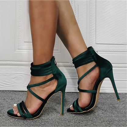 Green Stiletto – Heel Strappy Satin Women's Sandals