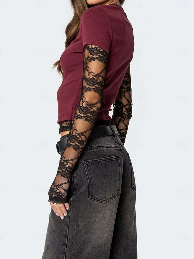 Women's T Shirt Lace Splicing Top Y2K Tunic Mesh Fake two