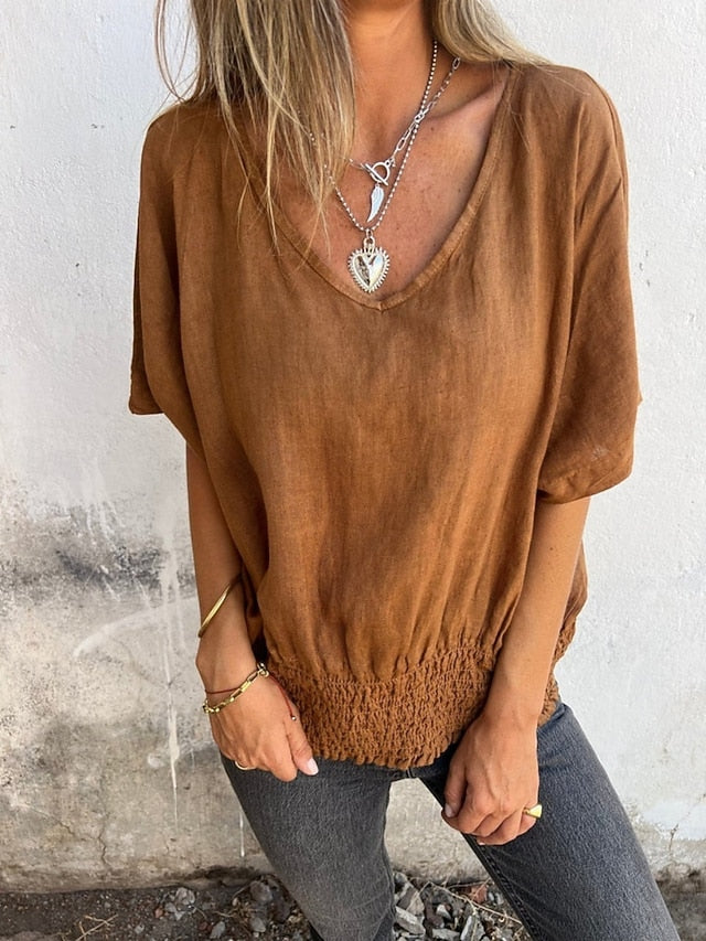 Women's Shirt Blouse 100% Cotton Ruched Solid Color Basic