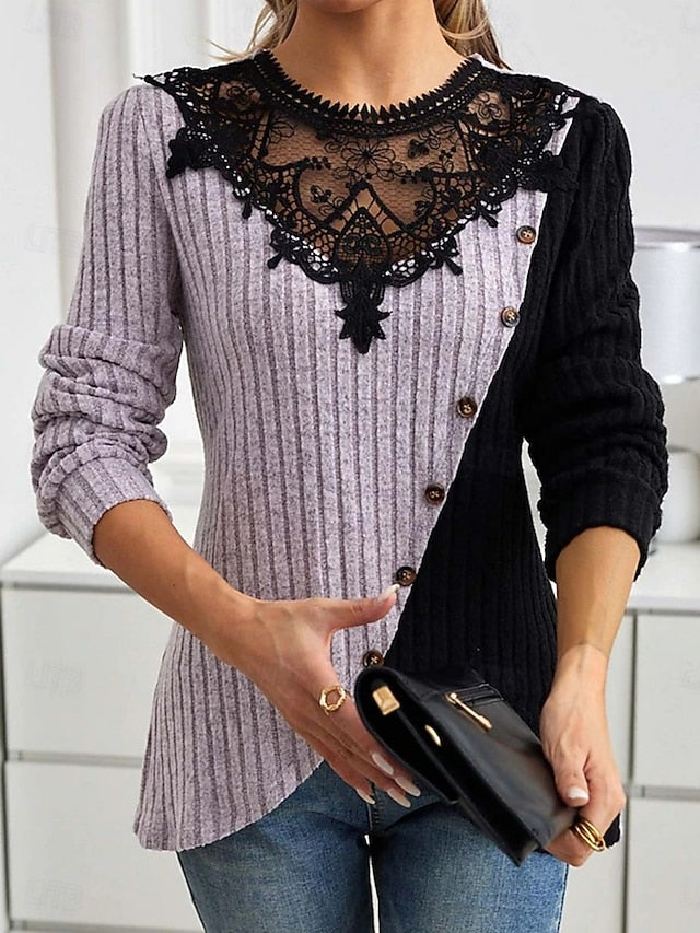 Women's Blouse Lace Patchwork Solid Color Elegant Stylish