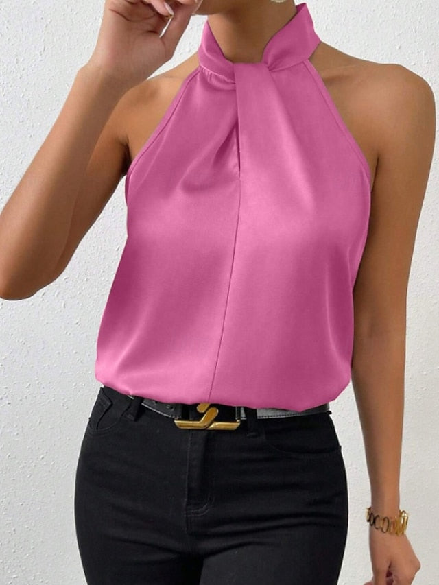 Women's Shirt Elegant Satin Top Silk Shirt Backless Plain