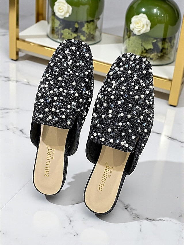- Women's Pearl and Pink Rhinestone Mules Embellished