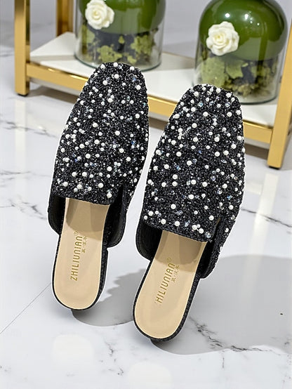 - Women's Pearl and Pink Rhinestone Mules Embellished