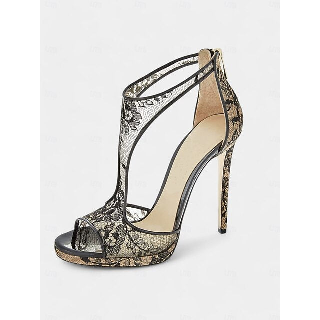 Heels Mesh Lace for Design Stiletto Peep-Toe with Black