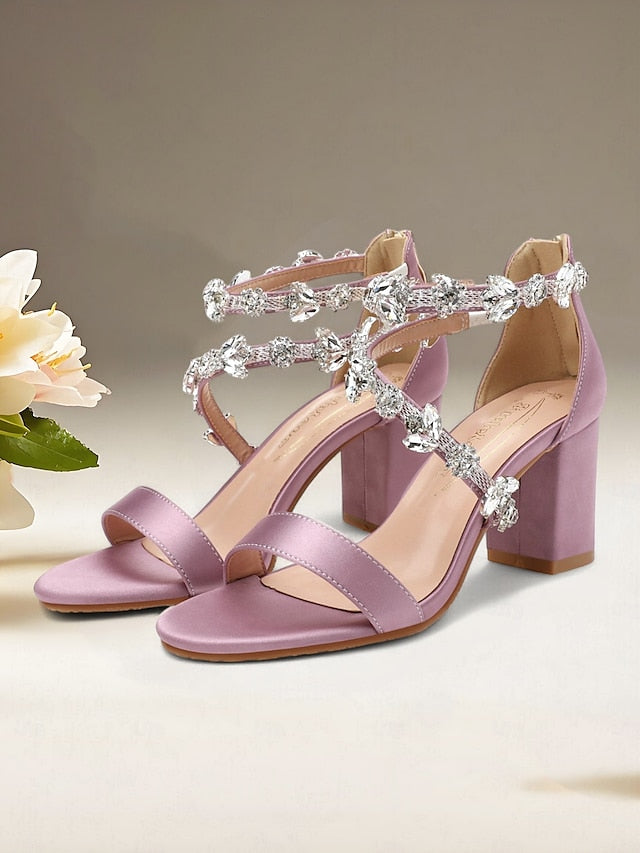 Crystal with Heel Straps Block Satin Pink Sandals Women's