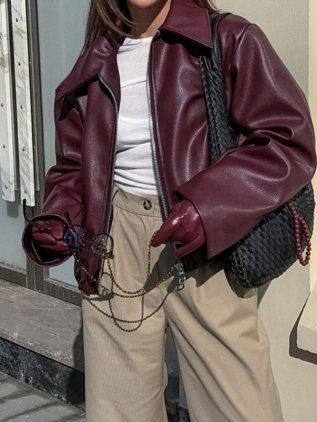 Zipper Women's Pocket Leather Jacket Comfortable Warm Faux