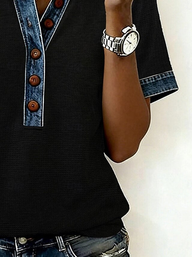 Women's Shirt Blouse Patchwork Buttons Color Block Stylish