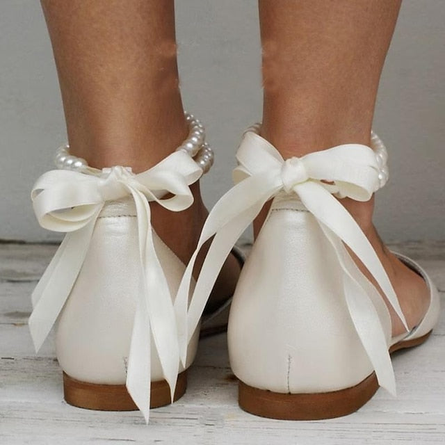 White Bridal Strap Elegant Flats Women's Pearl Ankle –
