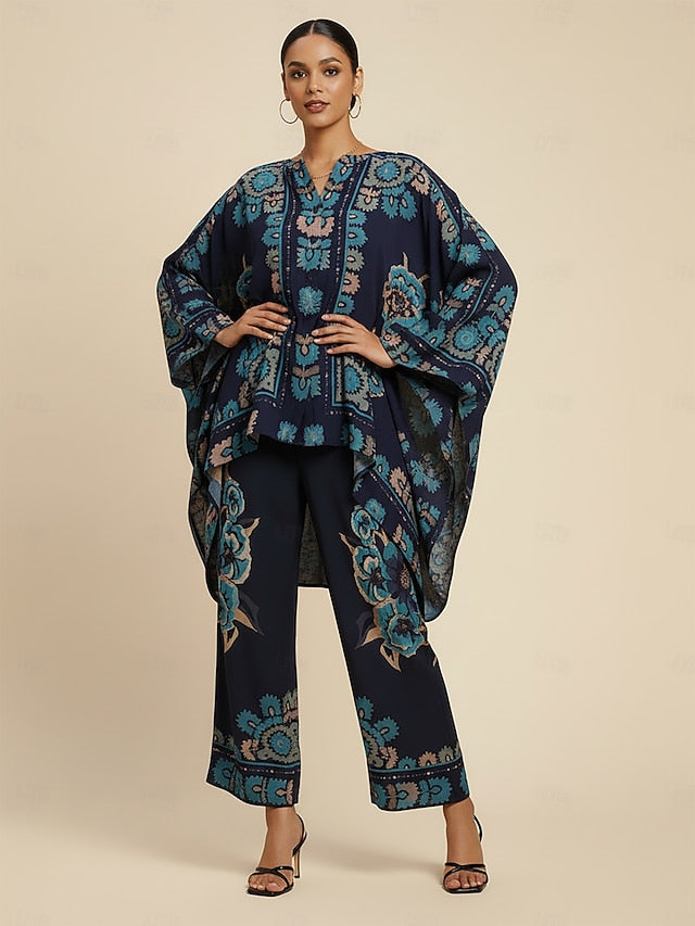 Women's Blouse Chiffon Ethnic Floral Placement Hawaiian