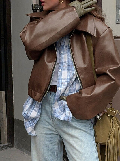 Zipper Women's Pocket Leather Jacket Comfortable Warm Faux