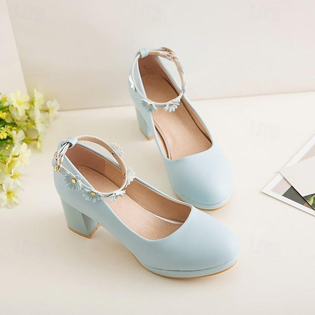 with Ankle Shoes Block White Daisy Flower Heel Girls'