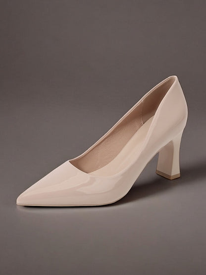 Green Leather Glossy Pumps Patent Heel Faux Block Pointed-Toe