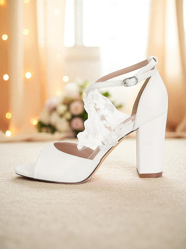Block Ankle Lace - Strap Heel with White Sandals Women's