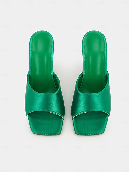 Transparent Satin Open-Toe Green Mules Block for with Heels