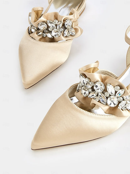 with Rhinestone Flats Women's Satin Black Pointed-Toe