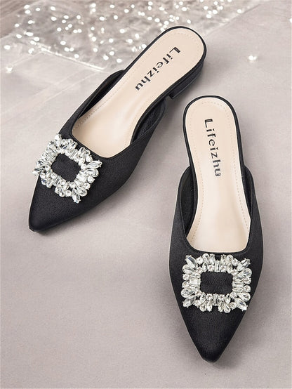 Satin Black Mules Pointed-Toe Rhinestone Women's with