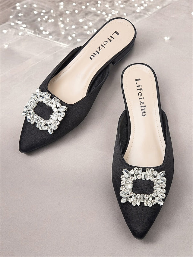 Rhinestone Satin Pointed-Toe Black with Mules Women's