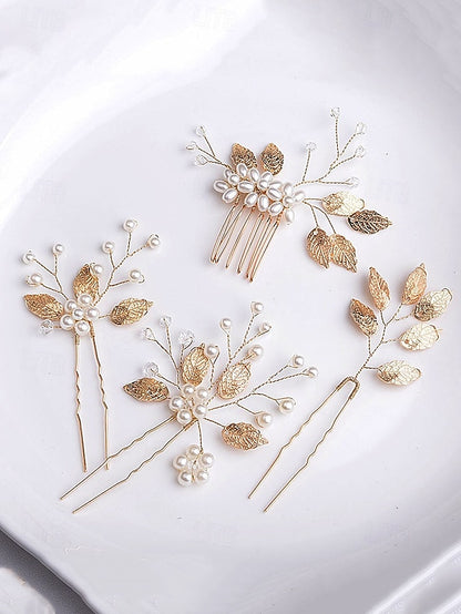 Set Pearls Hair with and Silver Leaf Faux Bridal Gold Accessory