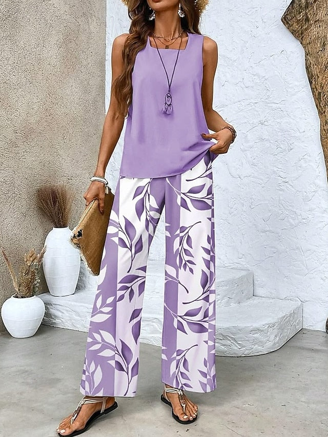 Women Pants Sets Sleeveless Square Neck Plant Print Daily Casual