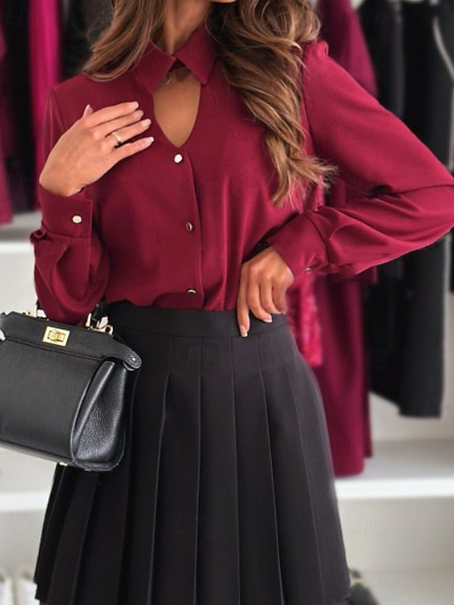 Women's Shirt Elegant Satin Top Blouse Hollow Out Buttons