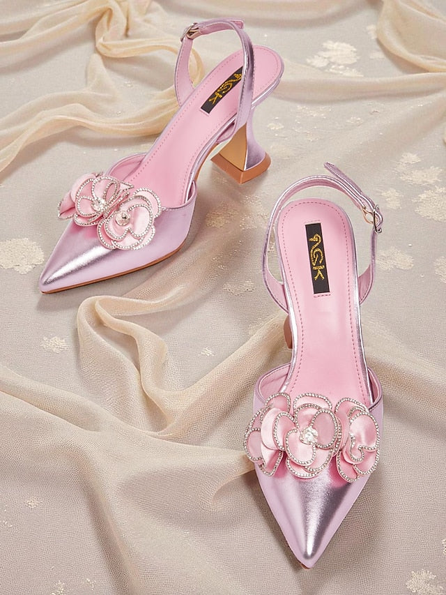 with Heels Pointed Satin Toe Pink Women's Floral