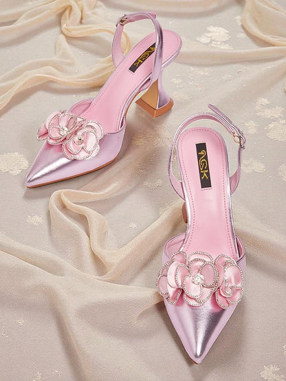 with Heels Pointed Satin Toe Pink Women's Floral