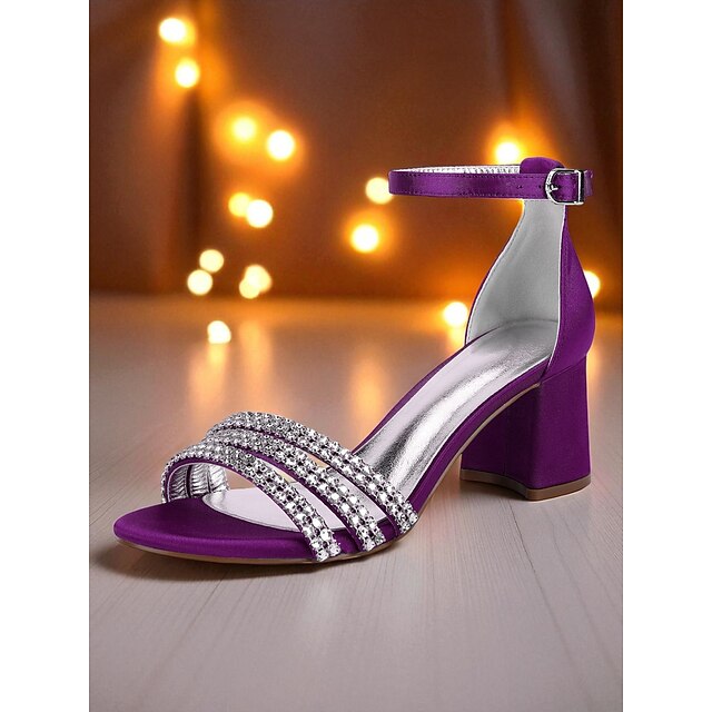 Purple Block with Sandals Rhinestone Heel Women's Satin
