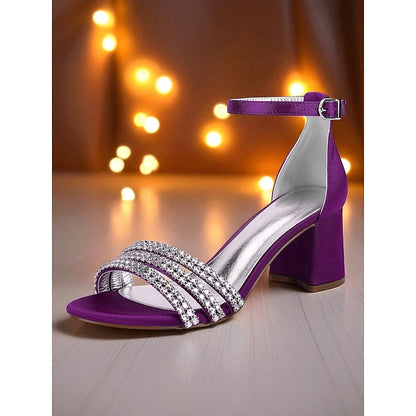 Block with Purple Rhinestone Sandals Satin Women's Heel