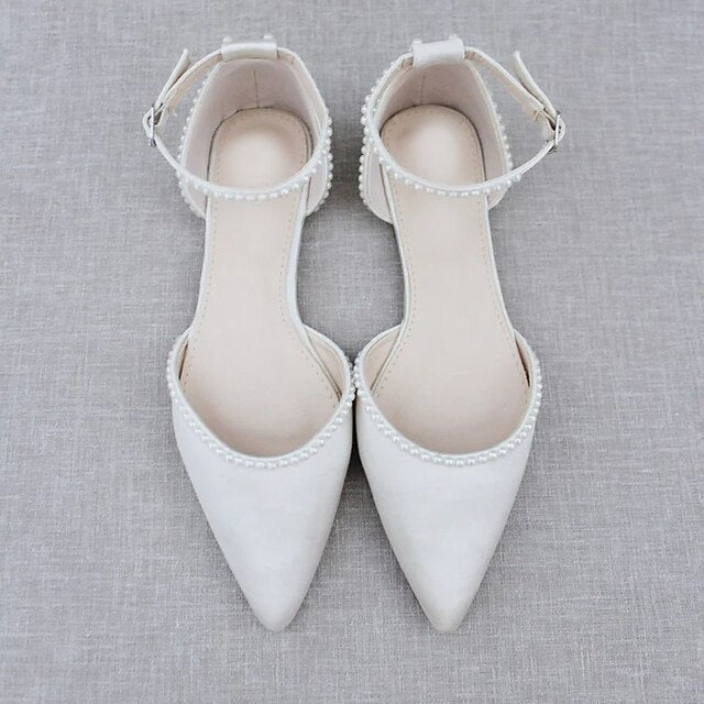 Flat White Women's Toe Shoes Pearl-Embellished with Pointed