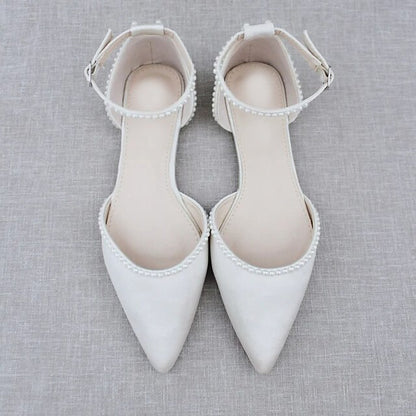 Flat White Women's Toe Shoes Pearl-Embellished with Pointed
