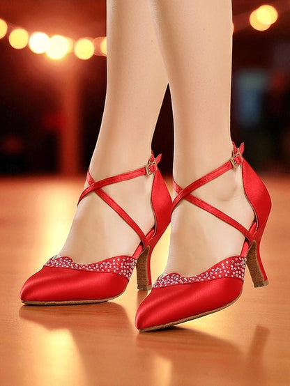 Women's Shoes Toe Closed Dance Satin Red Ballroom Cross -