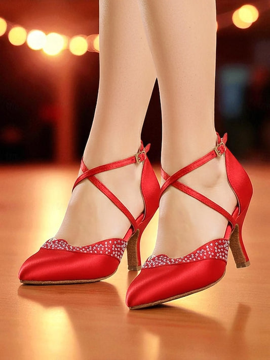 Women's Shoes Toe Closed Dance Satin Red Ballroom Cross -