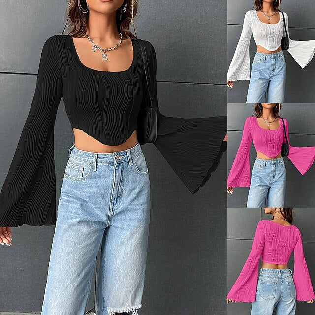 Women's Blouse Solid Color Stylish Casual Long Sleeve U