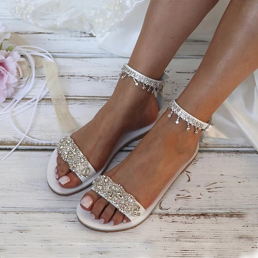 Elegant Women's – Flat Bridal White Rhinestone Sandals