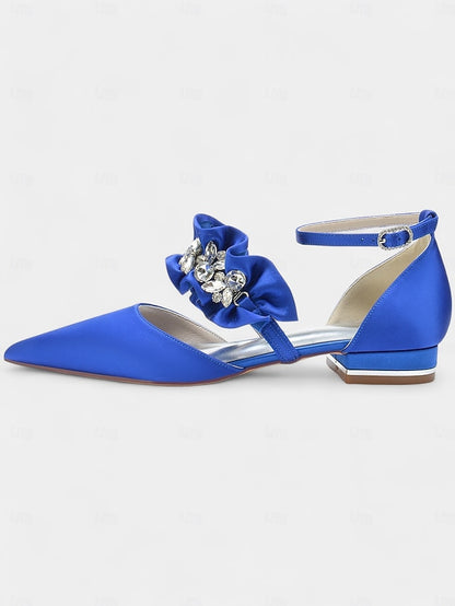 with Rhinestone Flats Women's Satin Black Pointed-Toe