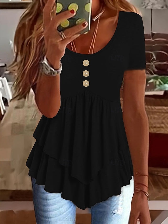 Women's Blouse Ruffle Buttons Solid Color Stylish Casual