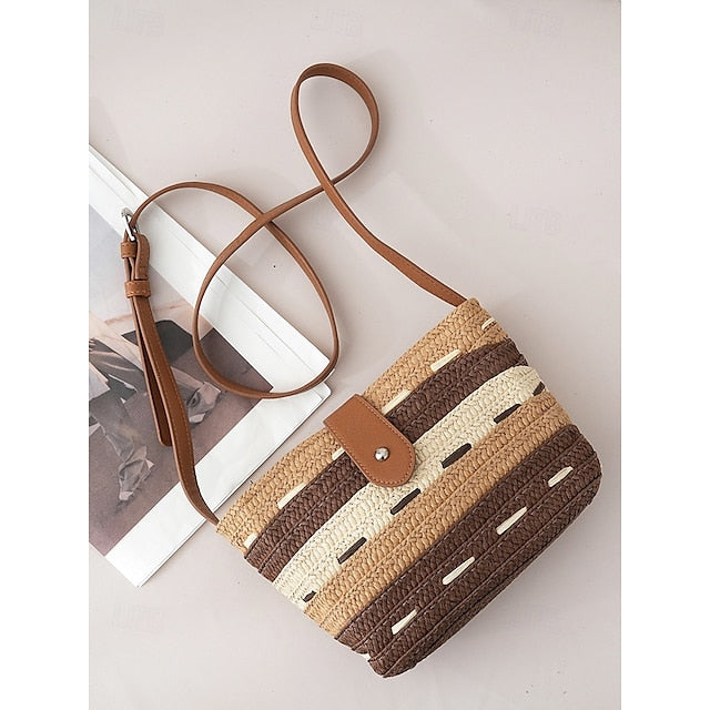 Woven with Women's Colorblock Straw Striped Brown Tote Bag
