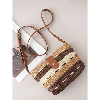 Woven with Women's Colorblock Straw Striped Brown Tote Bag
