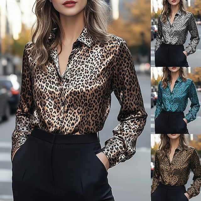 Women's Blouse Buttons Print Leopard Stylish Casual Long