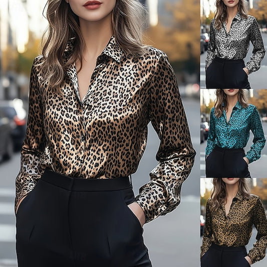 Women's Blouse Buttons Print Leopard Stylish Casual Long