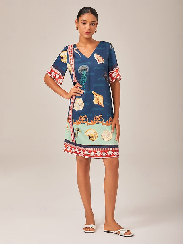 Resort-Style Ocean Print Straight-Cut Dress