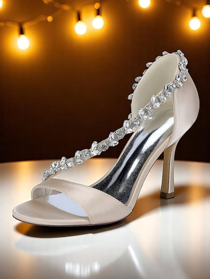 Champagne Crystal Satin High T-Strap Women's Heels with –